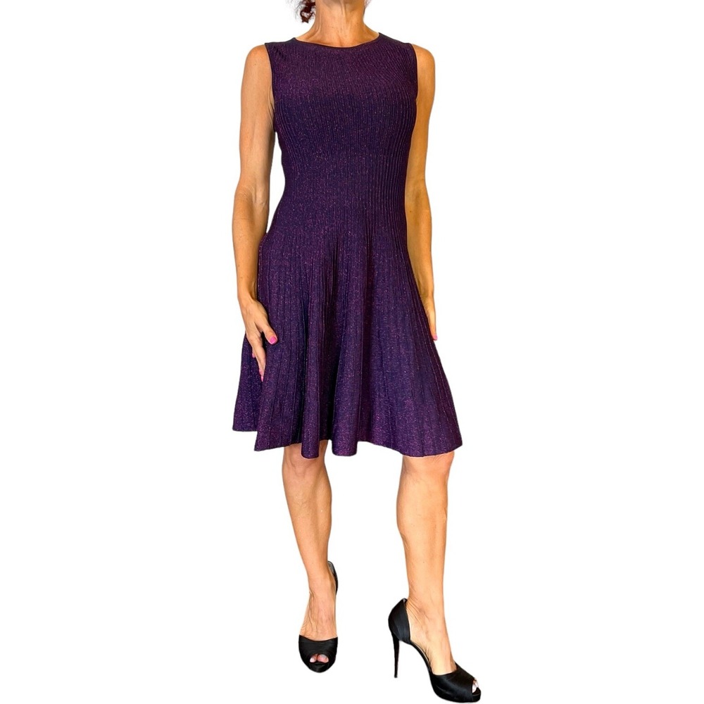 SHE'S SO  ITALY WOMENS DRESS RIBBED KNIT METALLIC PURPLE SLEEVELESS FIT FLARE 40